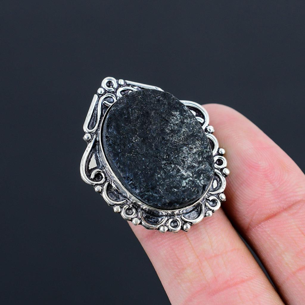 Oval Black Tourmaline Rough Gemstone Sterling Silver Wife Stackable Ring Size 6