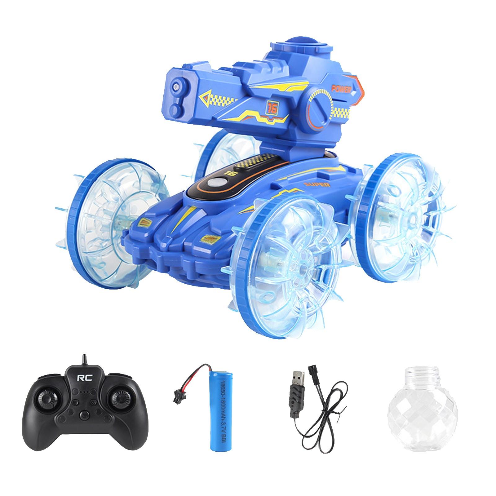 

Детский одноместный танк с дистанционным управлением, двухсторонний трюковой автомобиль 2.4G, игрушечный автомобиль с автоматическим поглощением воды и распылением One Size синий