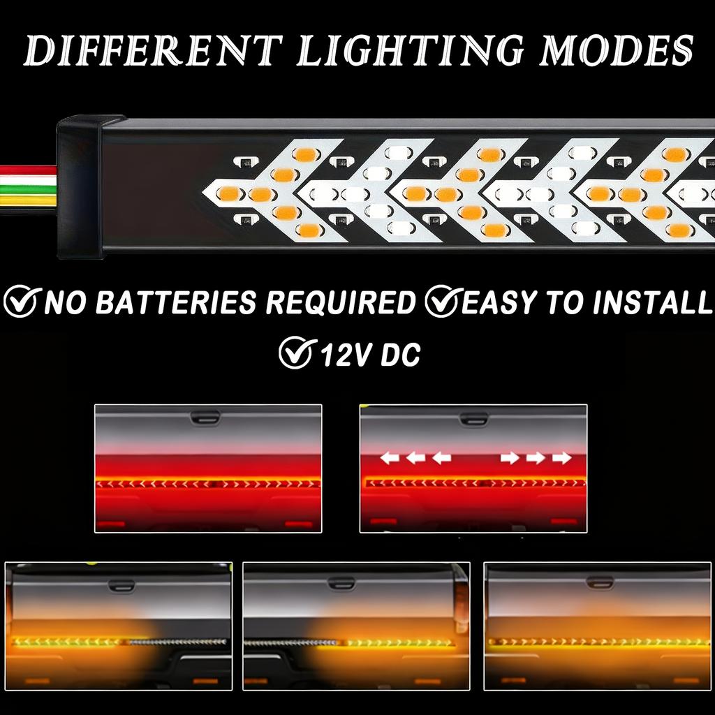 Car Tailgate LED Light Bar, 528 LEDs Fishbone Arrow Strobe, Third Brake Stop Reverse Running Light, Waterproof No Drill Strip for Pickup SUV Jeep