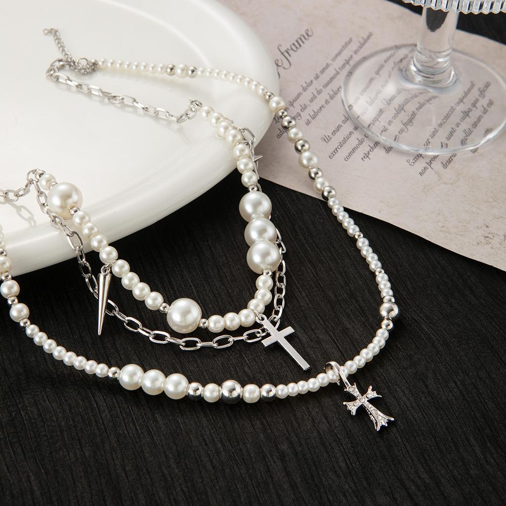 French Light Luxury Sweet Necklace Multi-Layer Pearl Cross Beaded Neck Chain Girlish Temperament High-End Necklace