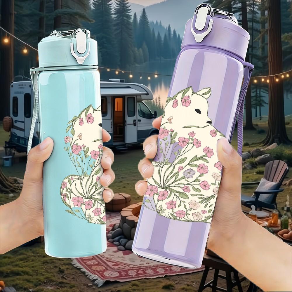 1PC Vintage Floral Cat Art 750ml Color Plastic Sports Water Bottle Leakproof Flip Straw Lid Suitable for Sports Office Home Use