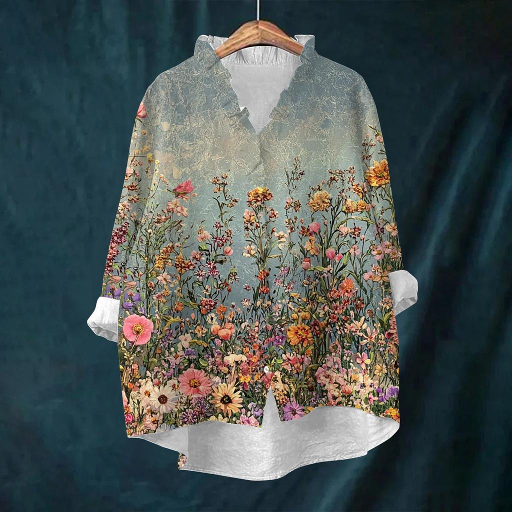 Women's Loose Ruffled Retro Floral Print Stand Collar Long Sleeve Cotton And Linen Top