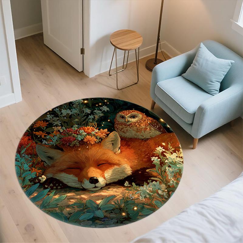 Owl and Fox,Round Area Rug,Carpet Rug for Living Room Bedroom Sofa Playroom Decor,Non-slip Floor Mat