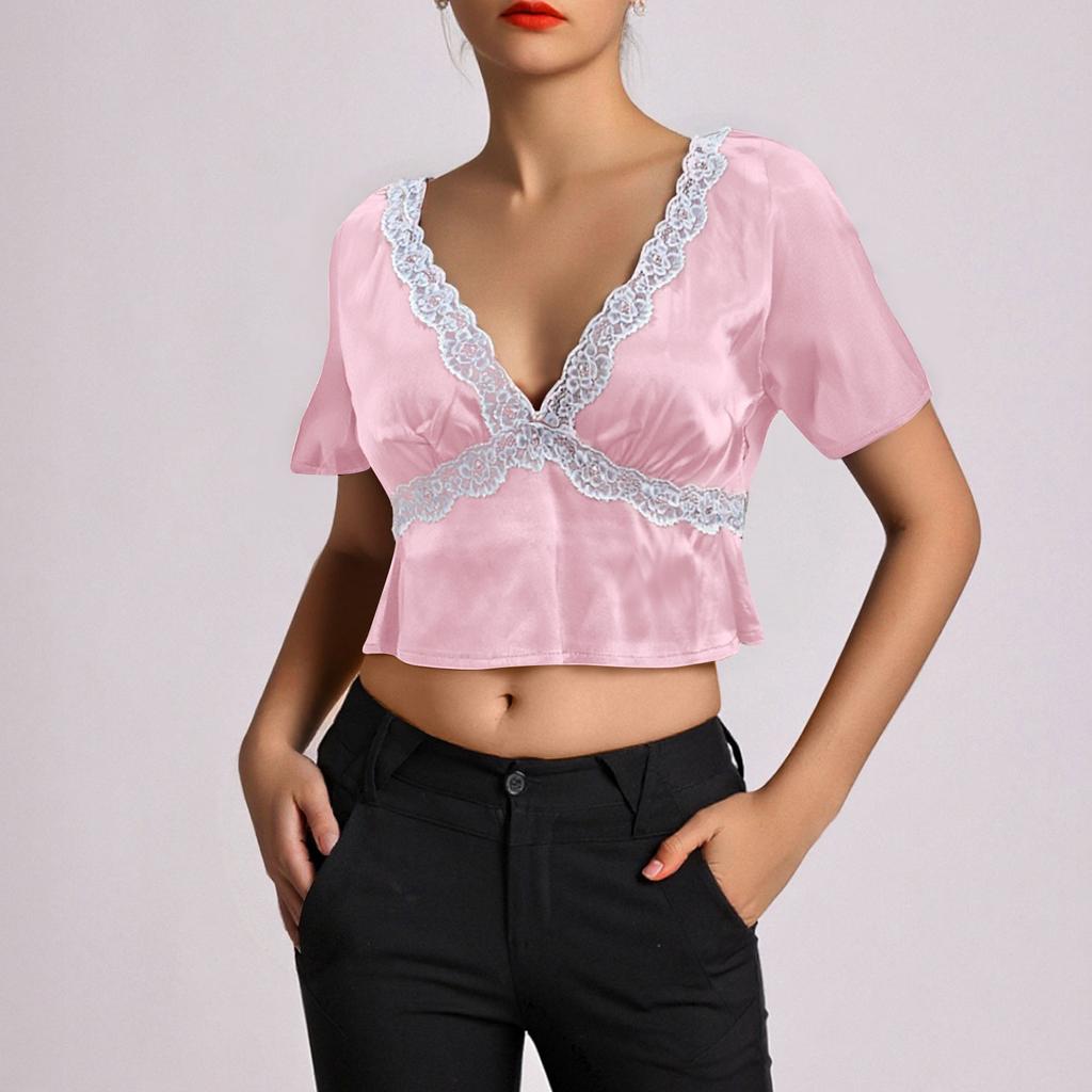 Women's Fashion Casual Summer Lace Sexy Slim Navel-Exposed Short Sleeve Top