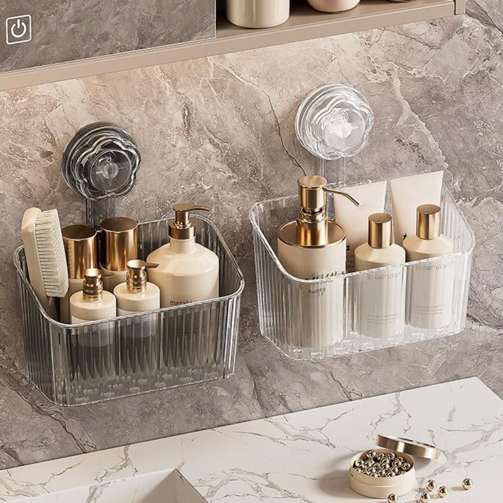 Wall Mounted Suction Cup Storage Rack No-Drill Makeup Organizer  with Drain Hole