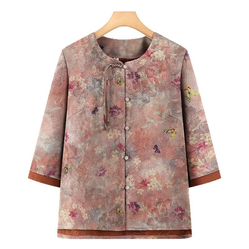 Summer Chinese Style Plus Size Top for Elderly Women - Loose Three-Quarter Sleeve Shirt