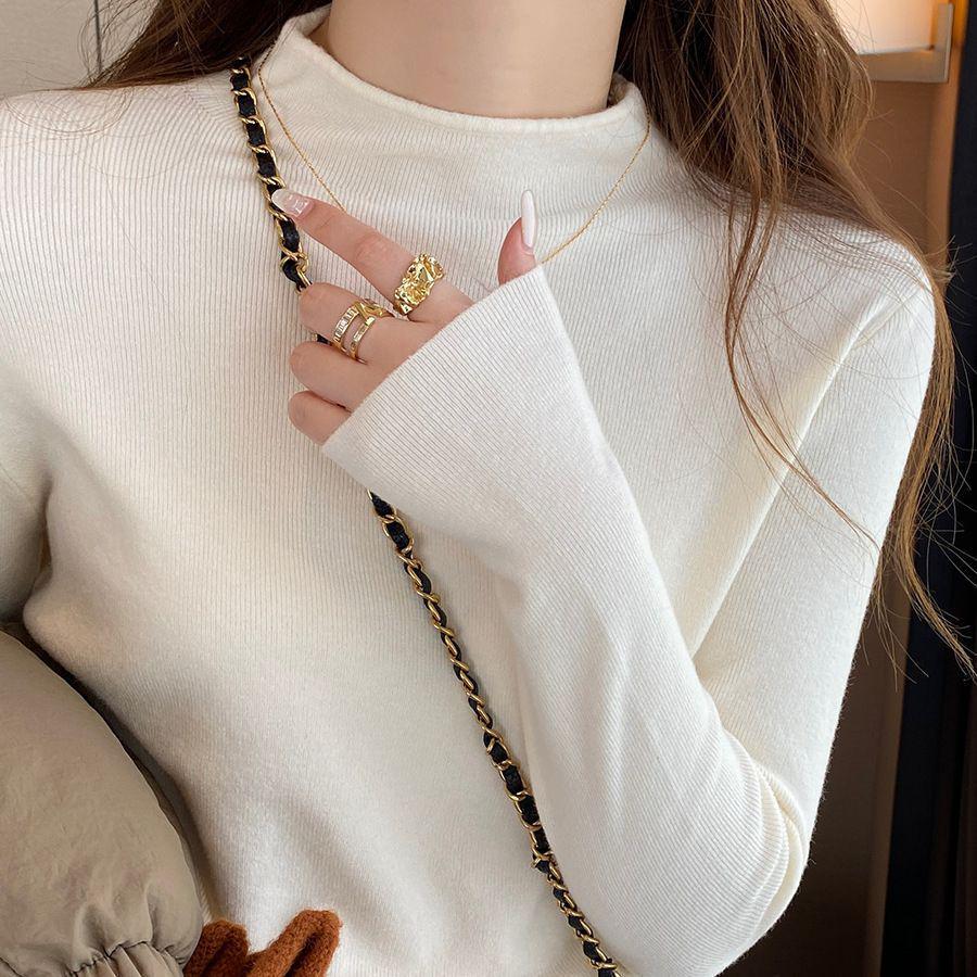 Women's 2024 Black Mock Neck Sweater: Base Layer for Spring & Autumn, Loose Half-High Neck Top.