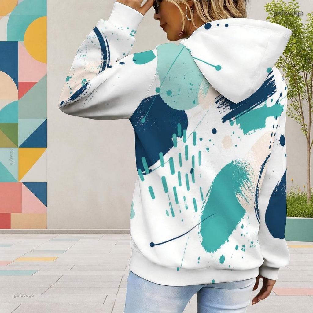 Women Plus Size Abstract Printed Long Sleeve Drawstring Hoodie Kangaroo Pocket Pullover