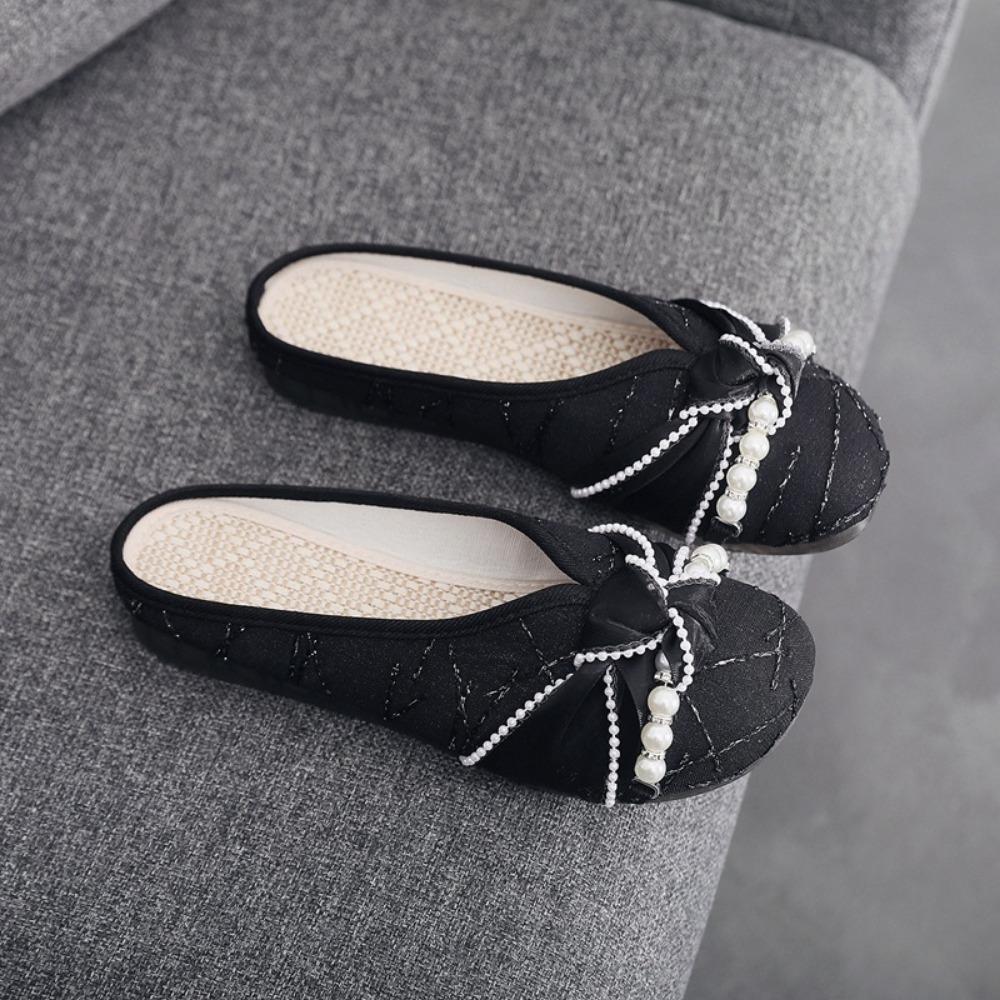 Women Slippers Summer Cloth Shoes Ethnic Style Linen Flat Slippers Women's Outside Baotou Half Dragged Women Sandals Bead Style