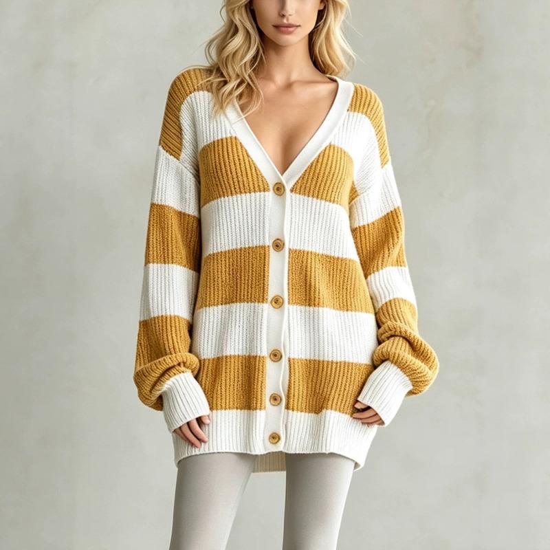 Women's clothing autumn and winter new lazy wind striped knitted sweater long-sleeved breasted cardigan sweater jacket