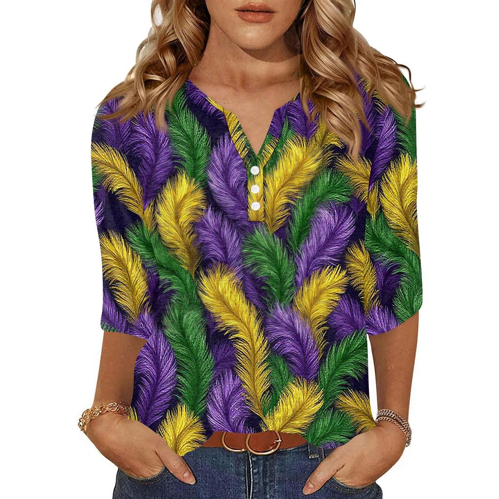 Dámské tričko s potiskem, knoflíky, 3/4 rukávy, pro každý den, na víkend, módní, základní, s výstřihem do V, běžný top