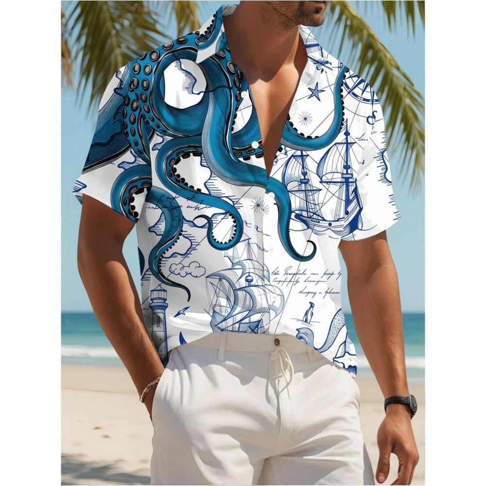 Men's Urban Hawaiian Shirt Summer Man Short Sleeve Cool Beach Print Breathable Lightweight Casual Fashion Tops