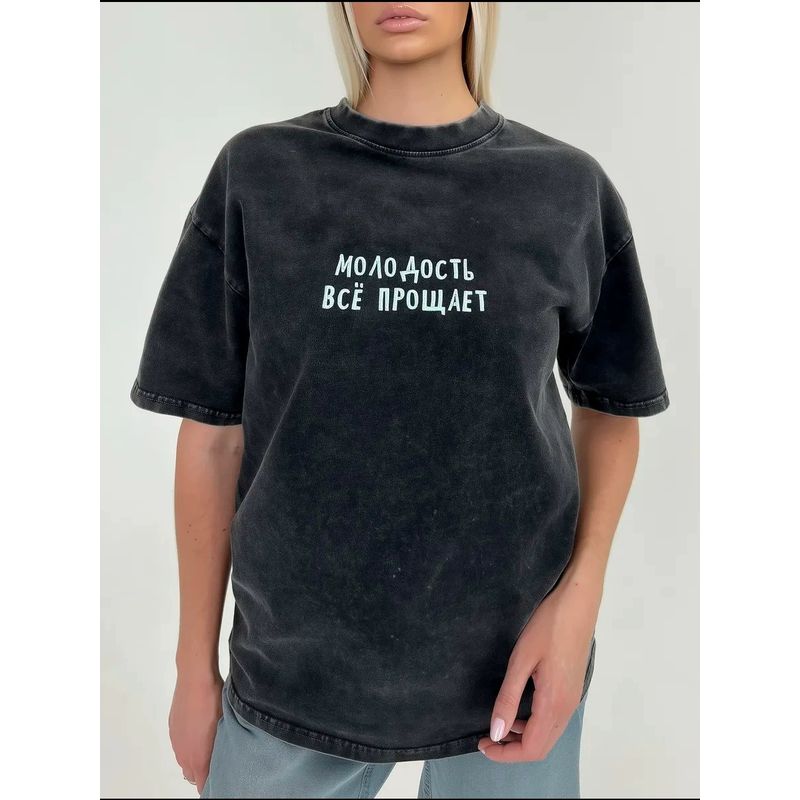 European and American Retro Old Washed Black Letters Print Cotton T-shirt Letter Printed Loose T-shirt
