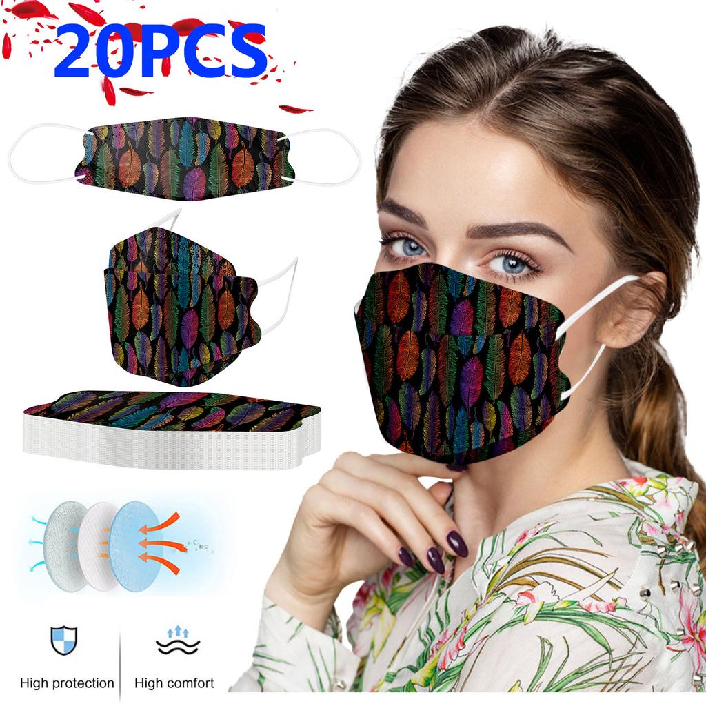 20PCS Unisex Adult Feather Print Outdoor Mask Protective Disposable Face Mask