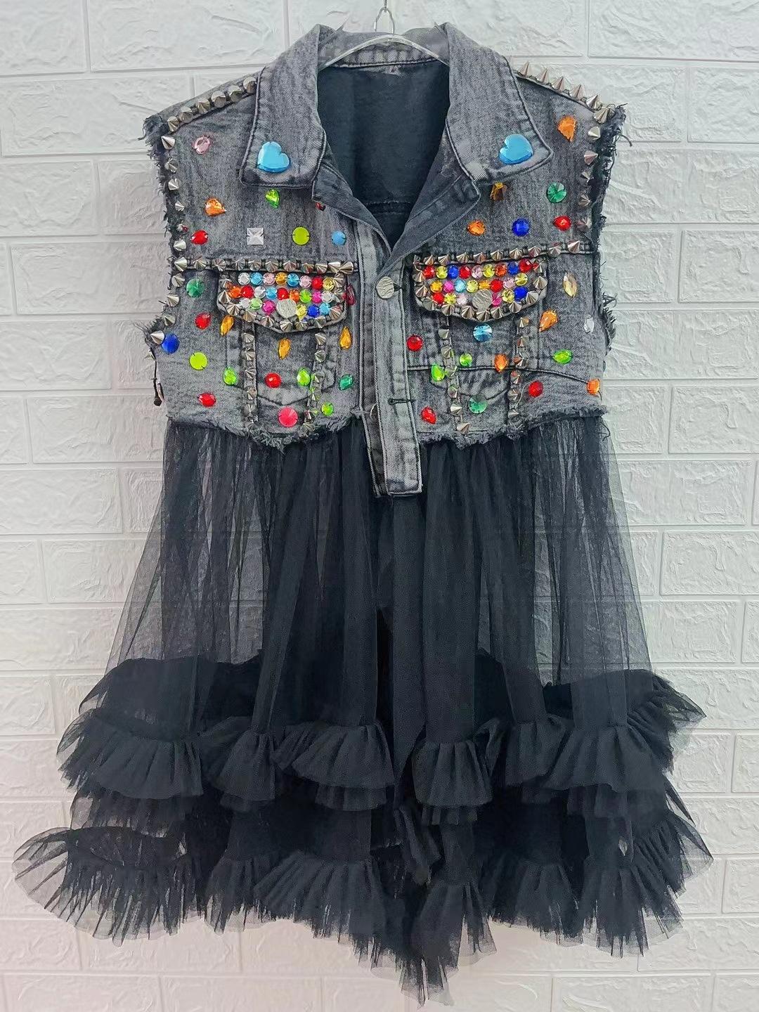 European denim clothes heavy industry beaded diamond splicing mesh top retro vest women s spring and summer cross-border trendy vest One size fits all