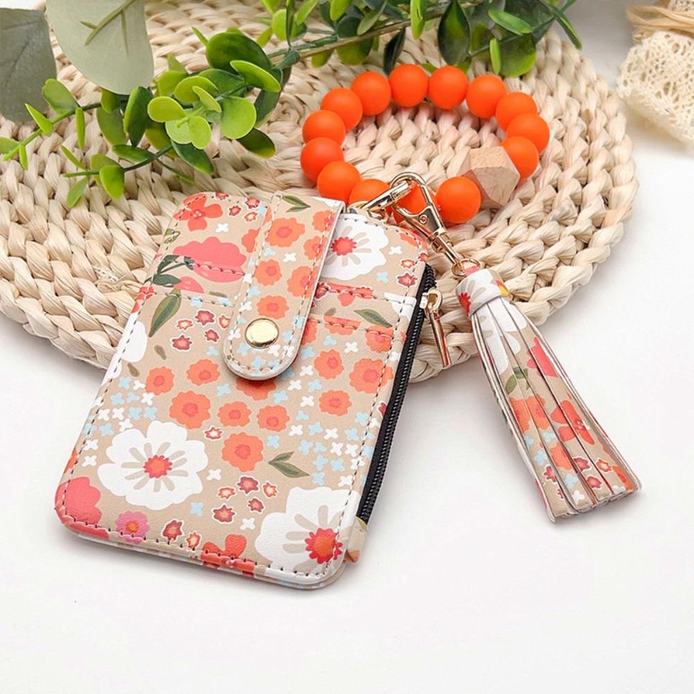 PU Leather Boho Beaded Wallet Keychain Multifunctional Floral Pattern Decorated Wristlet Keychain Wallet Portable