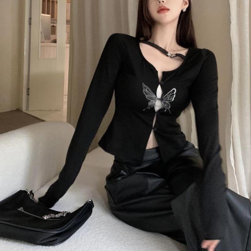 2KWEIRD Gothic Butterfly Print T-shirt Grunge Fairycore Hollow Out Crop Tops Japanese Harajuku Slim Tshirt Y2k Aesthetics Dark