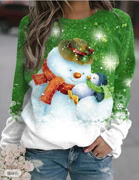 

Autumn Winter Women s New Round Neck Pullover 3D Digital Christmas Peripheral Cute Snowman Print Warm Comfortable Pullover 6XL