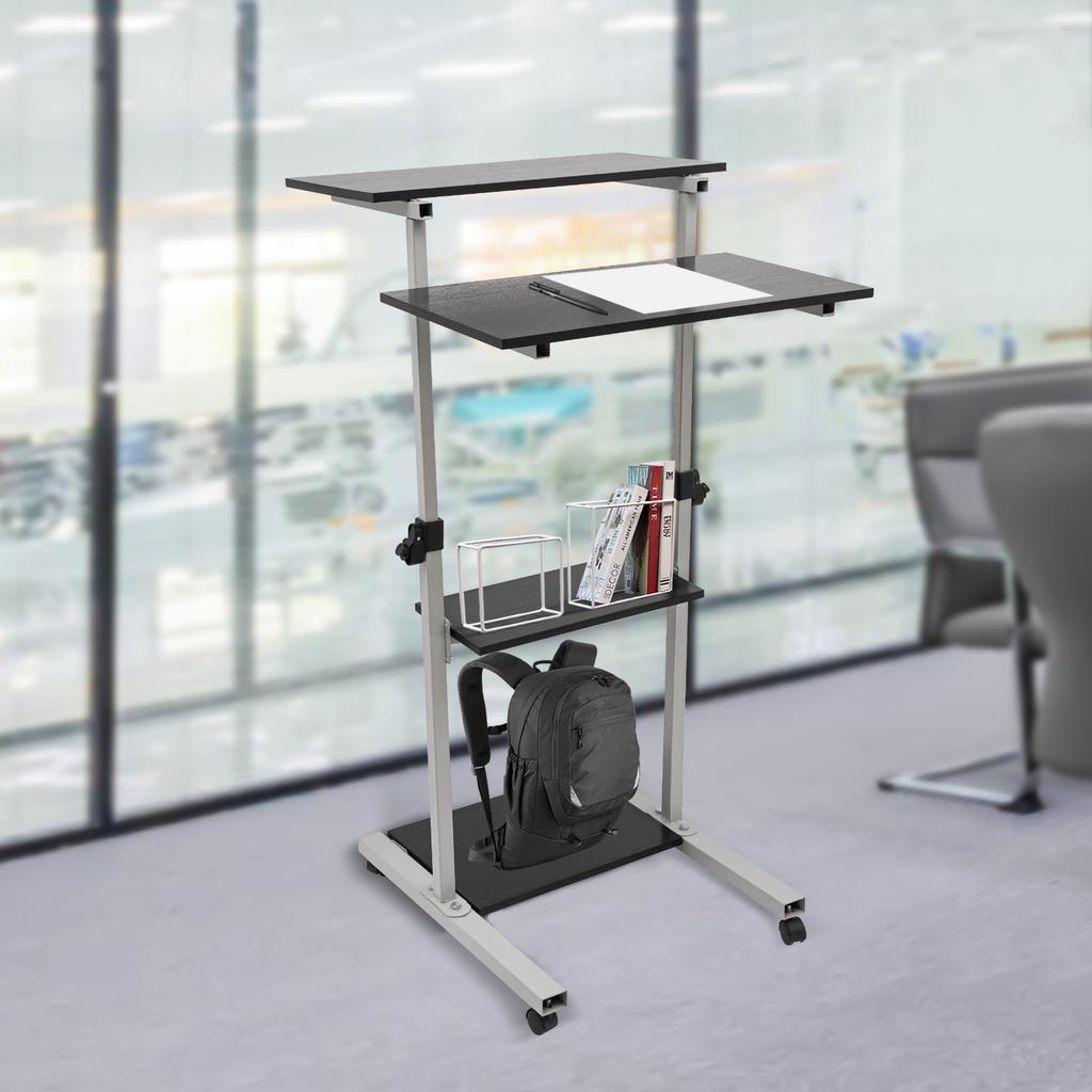 Silver Mobile Standing Desk Work Station, Stand Up Desk Cart Particle Board and Steel With Four Universal Wheels for Bedrooms