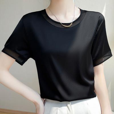Acetat-Satin Kurzarm-T-Shirt für Damen Mesh Rundhals-Top Neu Sommer Locker Kontrastfarbe Acetat Halbarm