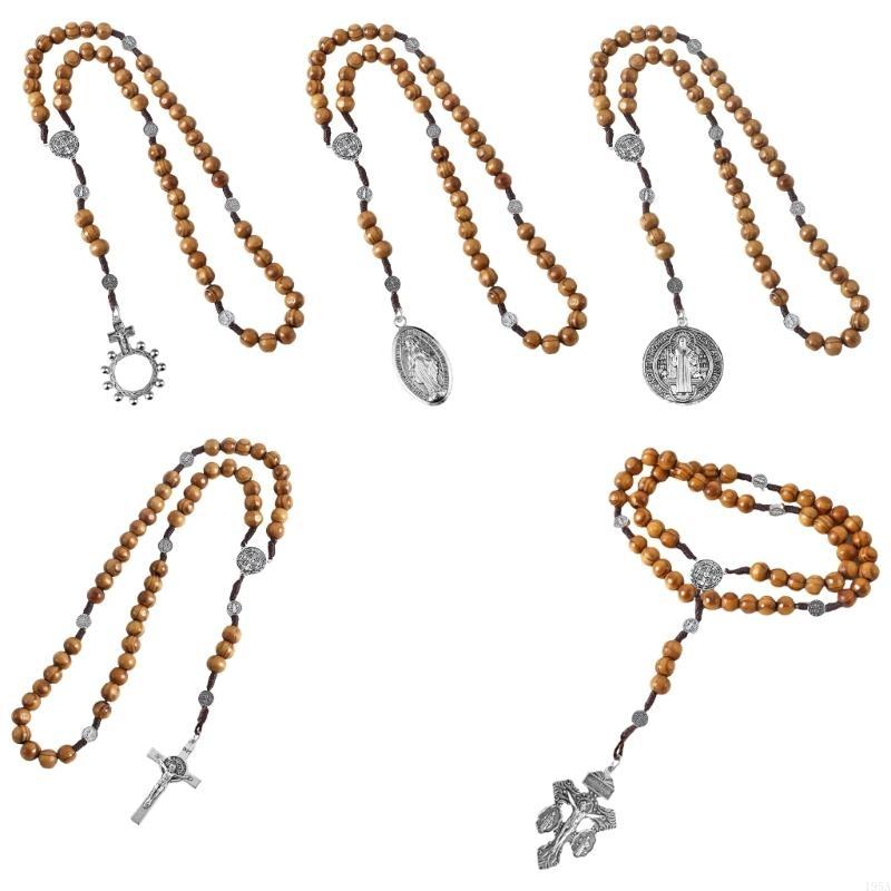 Braided Wood Beads Chain Rosary Necklace with Pardon Crucifix Crosses Medals Pendant Christians Religious Communion Gift
