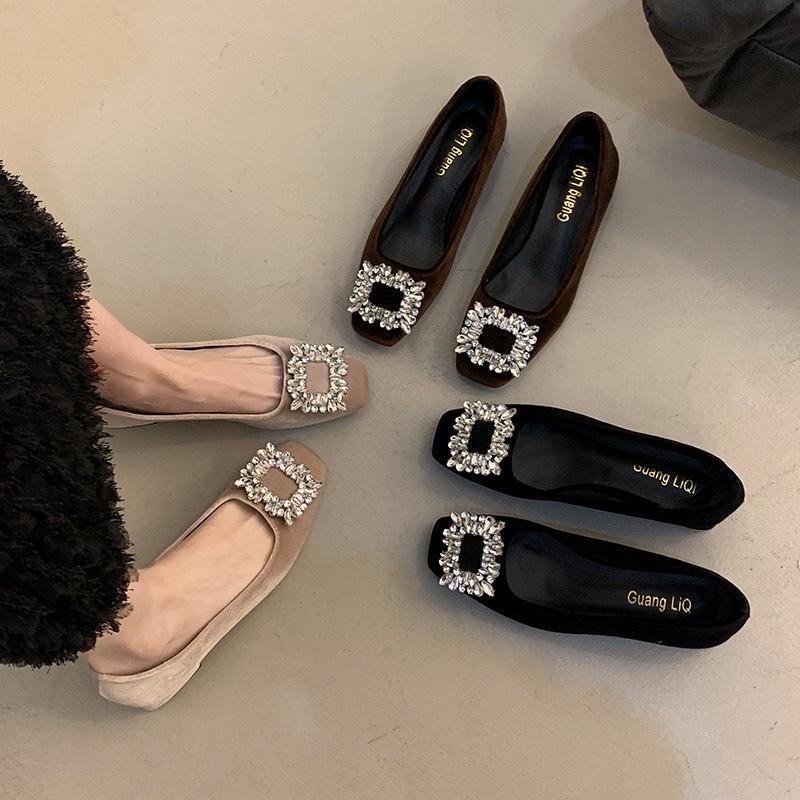 Spring 2025 New French Thick Heel Single Shoes High-end Xishi Velvet French Rhinestone Square Buckle Temperament Ladyshoes Women's Shoes