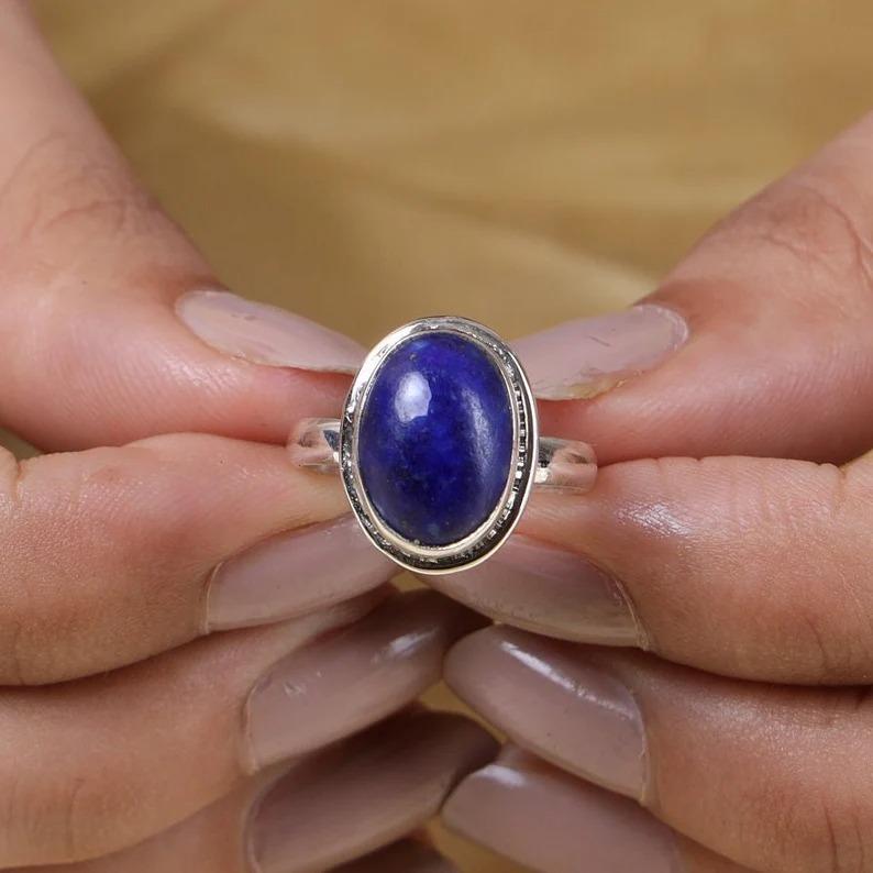 Lapis lazuli Oval Gemstone Ring, Solid 925 Sterling Silver Ring, Bezel Ring, Birthday Anniversary Gift, Designer Ring