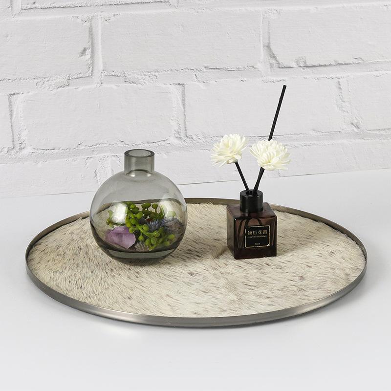 Light Luxury Stainless Steel Storage Plush Round Tray Ornaments Living Room Coffee Table Model Room Home Desktop Soft Decorations