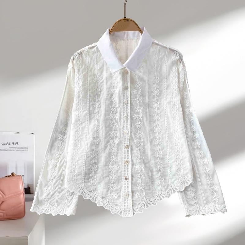 Fashion Elegant Long Sleeved Embroidered Lace Shirt New Lapel Loose and Thin Single-breasted Casual Blouse Female Simple Women's Irregular Top 3504