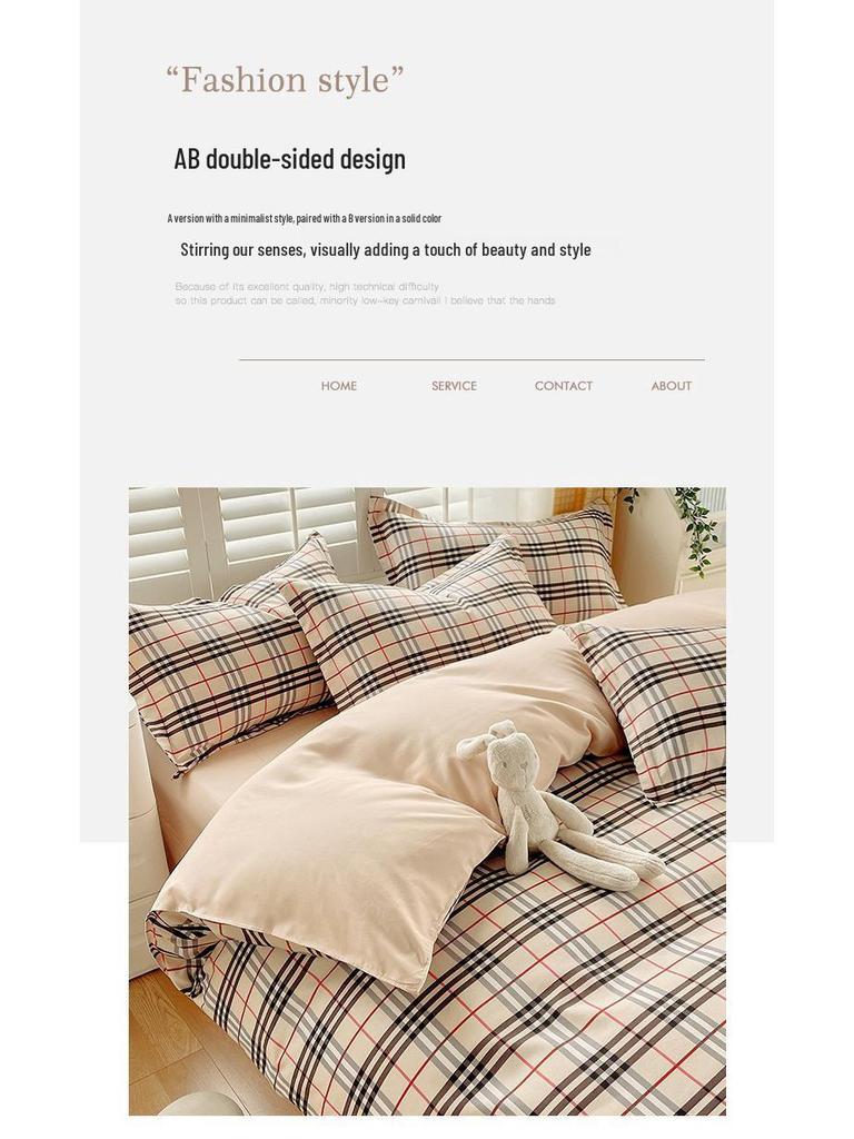 Muji Japanese Washed Cotton Flannel Plaid Bedding Set - 4 Pieces, Good Quality, Student Dormitory Style