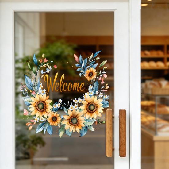 Spring Flower Wreath Window Cling Tulip/Sunflower/Rose Flower Static PVC Sticker Removable Glass Decals for Home Office Shop