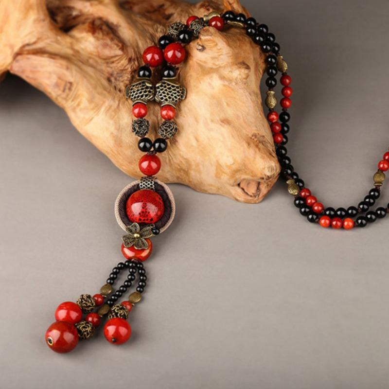 

GemChic Женские новые винтажные этнические сплавы с бусинами в виде рыбок и цветов, длинное ожерелье с регулируемой цепочкой, модные украшения на день рождения, Рождество, подарок