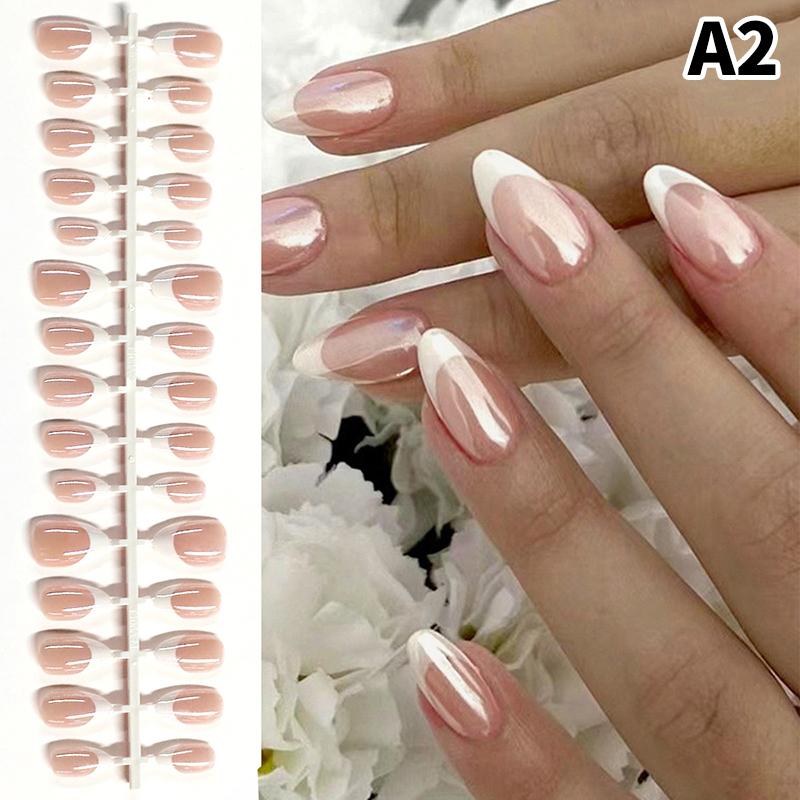 

30Pcs French Pearlescent Press On Nail White Edge Full Cover Fakenail Mixed Size Nude Transparent False Nail A2