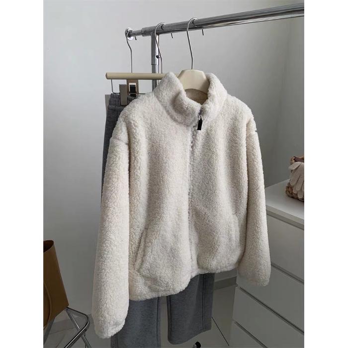

Lambswool Real Super Plus Size Stand Collar Zipper Fleece Lined Jacket M абрикосовий