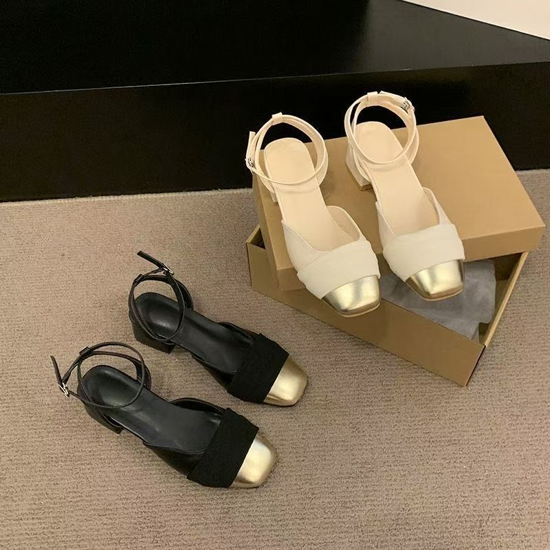 Fee Xiaoxiangfeng mit Rock dicker Absatz Mary Jane Einzelschuhe Taschenkopf Französische mittelhohe Sandalen Damen 2025 Sommer und Herbst neu