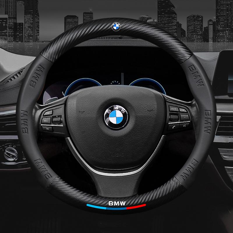 2026 Hot 38cm Carbon Fiber Leather Car Steering Wheel Cover For BMW F30 F10 E90 F20 E46 E60 E70 E39 X6 Auto Interior Accessories Keychain GK3