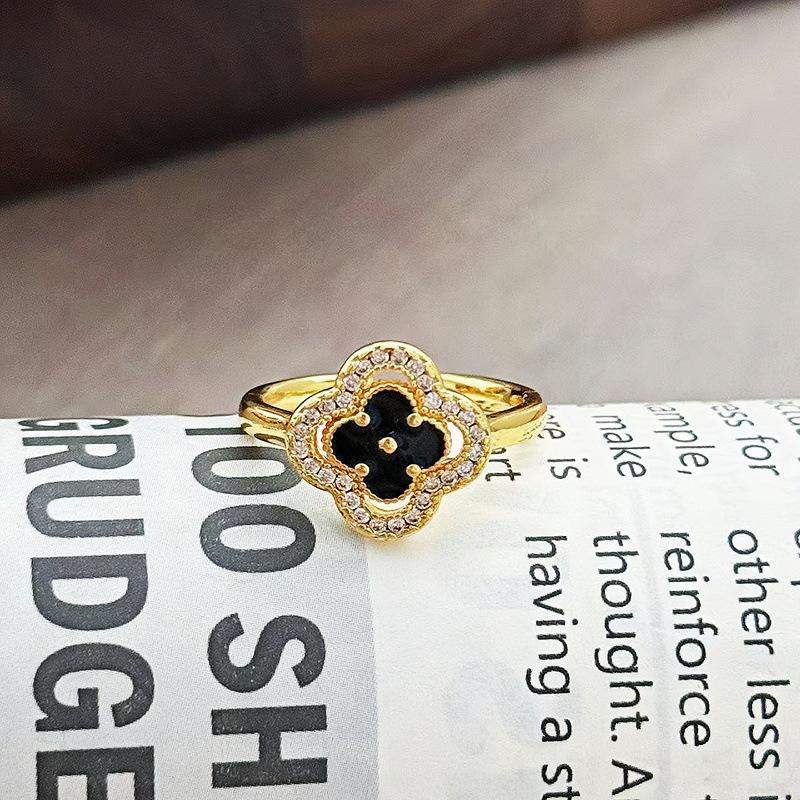 Niche High-End Zircon Enamel Dripping Oil Dark Four-Leaf Clover Open Ring, Female Delicate Personality Stacked Index Finger Ring
