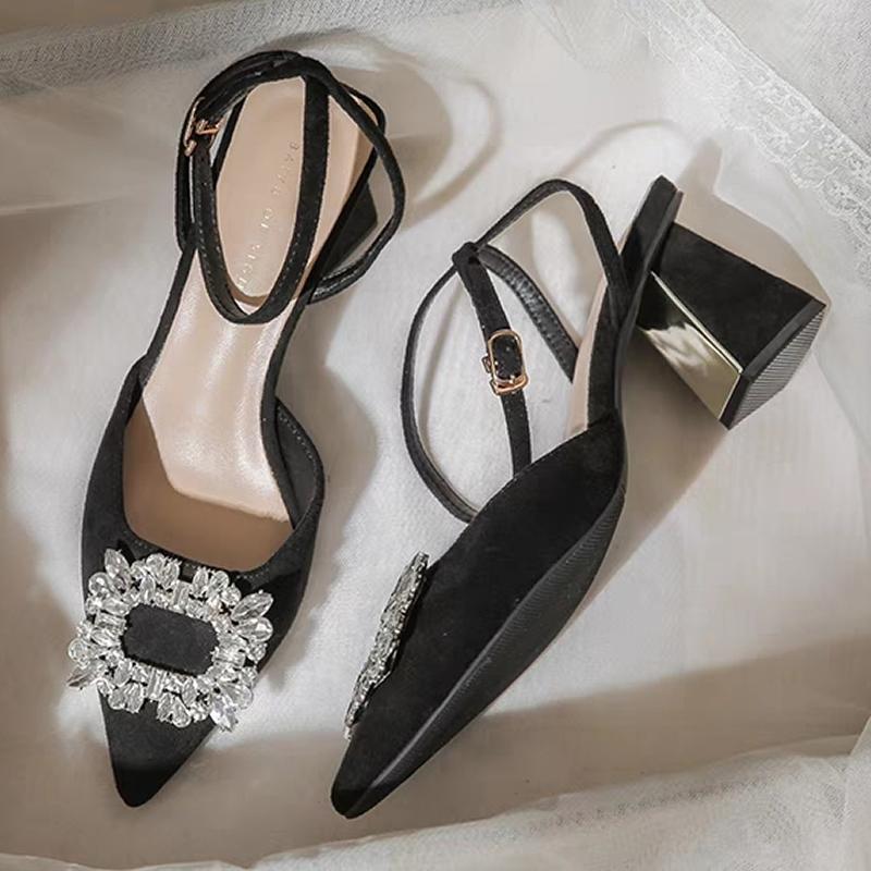 

Кристальные сандалии с ремешком на щиколотке Женские туфли с острым носком на высоком каблуке Сандалии женские Блестящие женские туфли-лодочки с квадратным каблуком и стразами 35 чёрный
