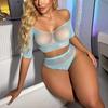 Sex underwear sexy jacquard hollow water blue mesh short-sleeved bikini set