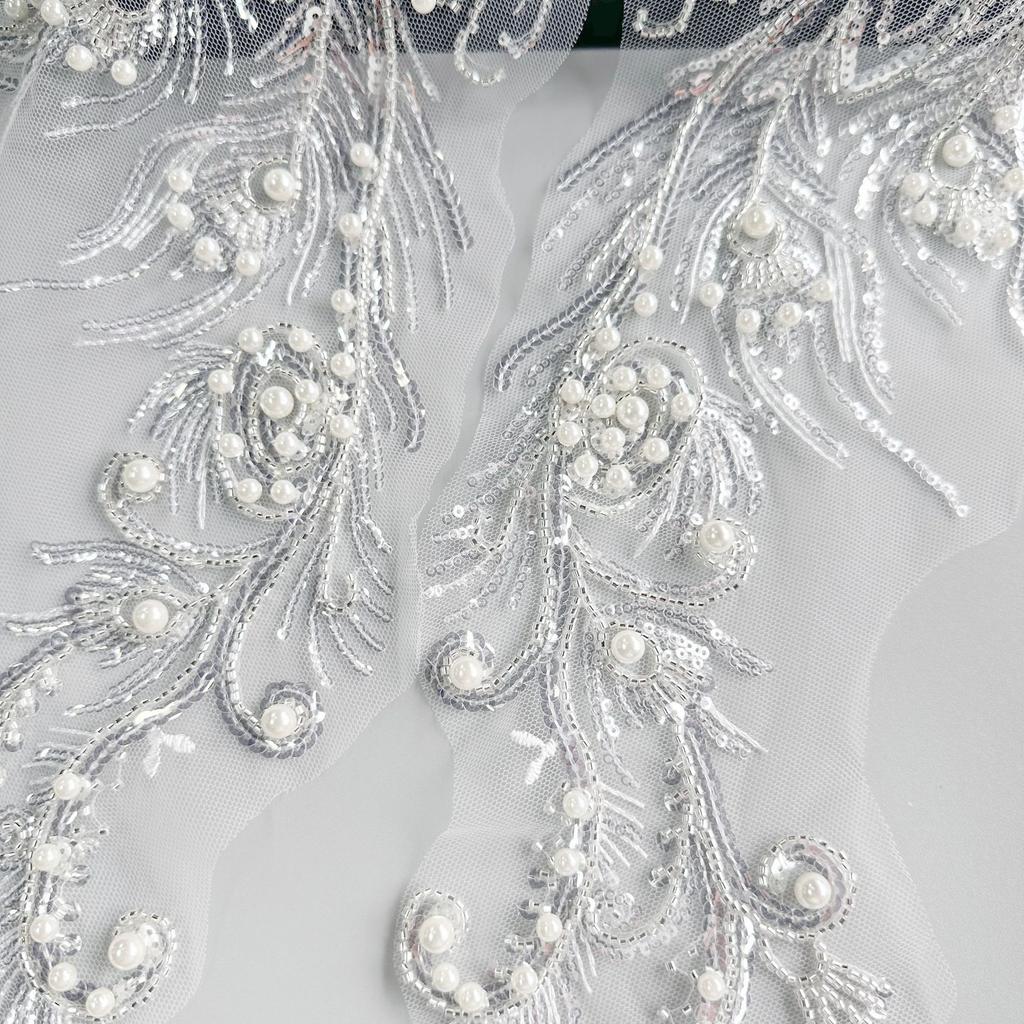 White Mesh Bead Sequined Pair Of Flower Cloth Stickers Clothing Evening Dress Wedding Dress Decoration Bead Cloth Stickers Accessories