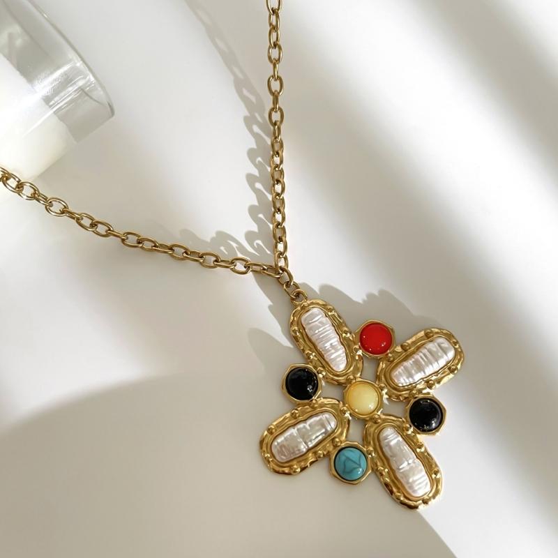 Lång Lager Kors Berlock Halsband Stadigt Rostfritt Stål Smycken Med Ädelstenar Och Imitationspärlor Detaljer