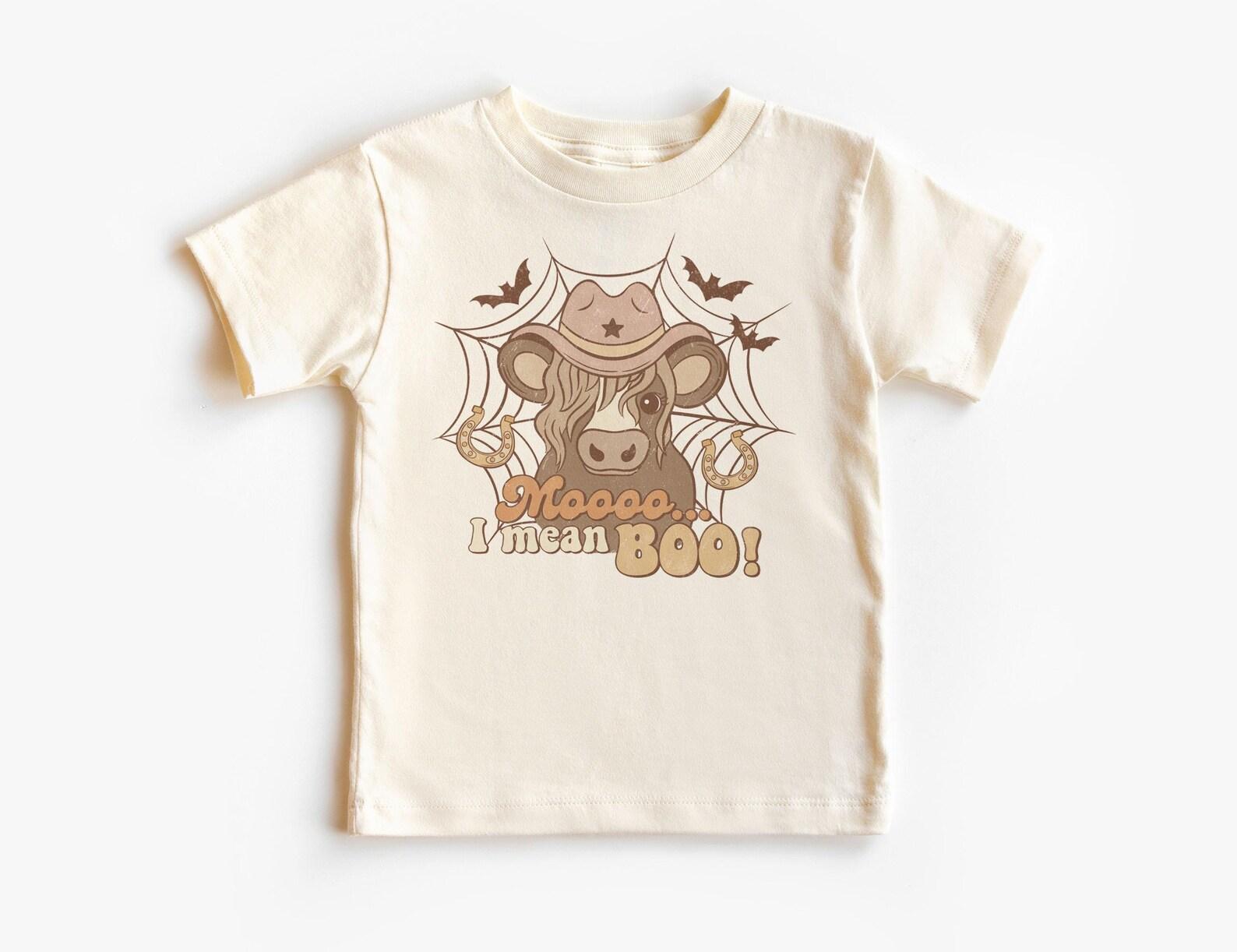 Moo I Mean Boo Halloween Kids Shirt - Funny Cowboy Cowgirl Cute Cow Tee - Boho Farmer Cattle Costume - Unisex & Youth Natural T-Shirt 130