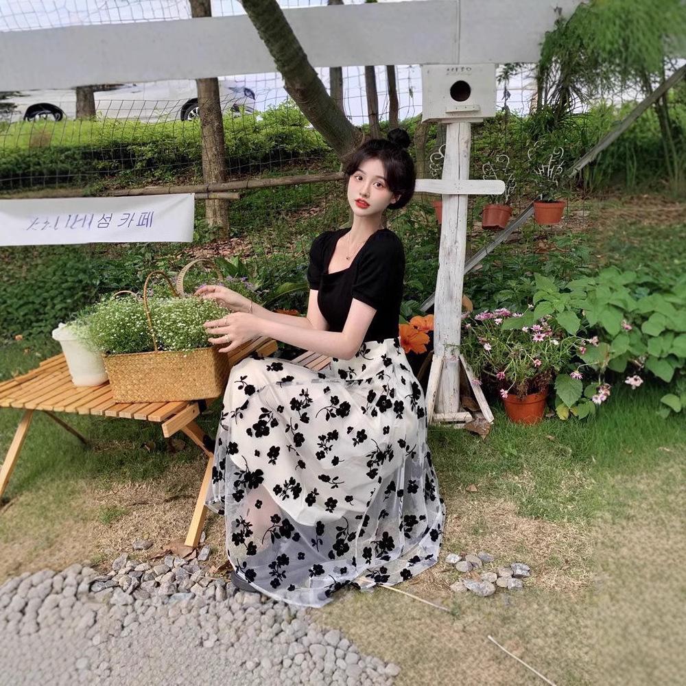 

Women s Summer 2024 Floral Print Faux Two-Piece Slimming Dress M