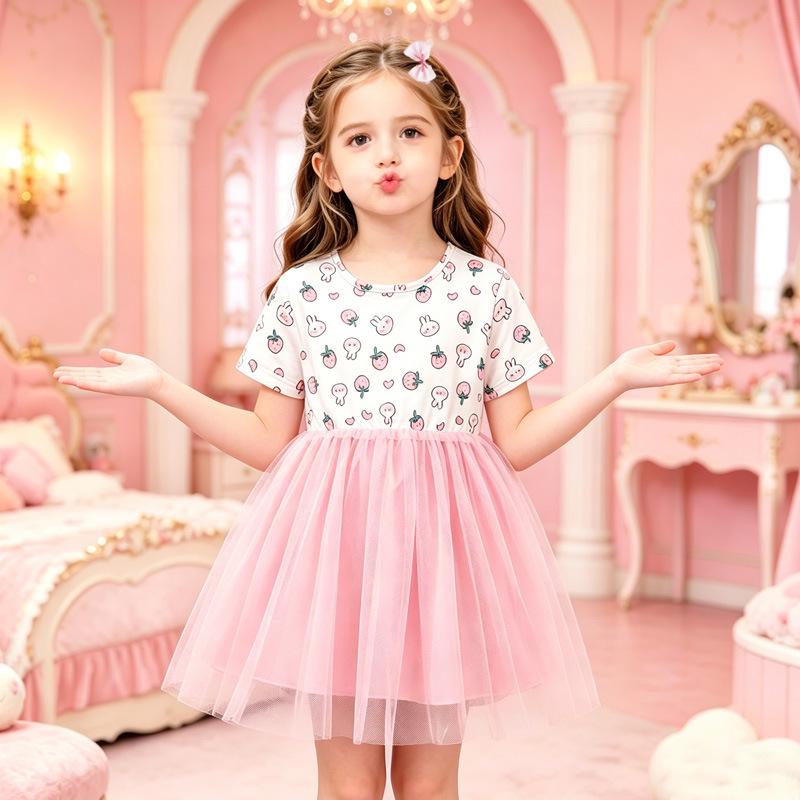 Girls' Summer Dress: Rabbit & Strawberry Print with Patchwork Mesh Skirt - Short Sleeve for Kids