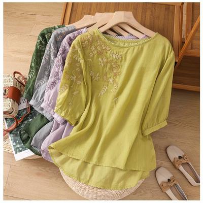 Women Embroidery Cotton Linen Blouses Loose Short Sleeve T-Shirt Retro Slimming Round Neck Shirts