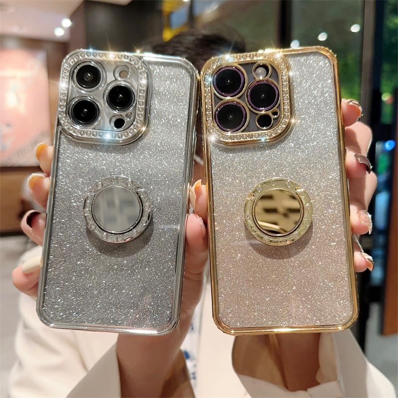 Gradient Glitter Ring Holder Phone Case For Iphone 14 13 12 11 Pro Max Xs Max Xr 14plus Shining Plating Cover Shockproof Clear