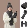 3Pcs/Set Winter Hat Scarf Gloves Set Solid Color Windproof Plush Ball Hat Neck Warmer Touch Screen Gloves Set