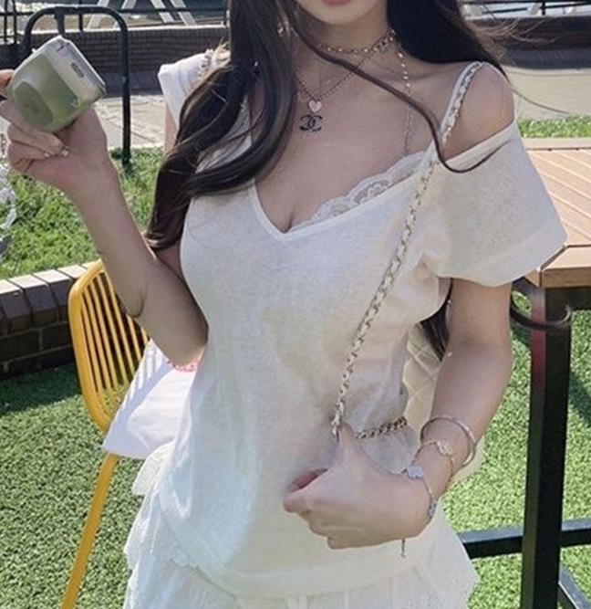 Snowflake Cotton V-Neck Lace Patchwork Off-Shoulder T-Shirt – Women s Summer Style Large белый