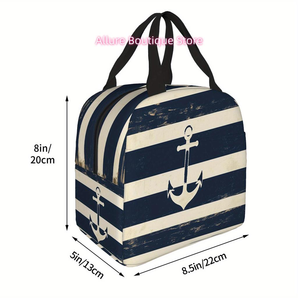 1pc Nautical Anchor Design Printed Thermal Insulated Bag, Non-Food Contact, Unisex Portable Reusable for Home, Restaurant, Offic