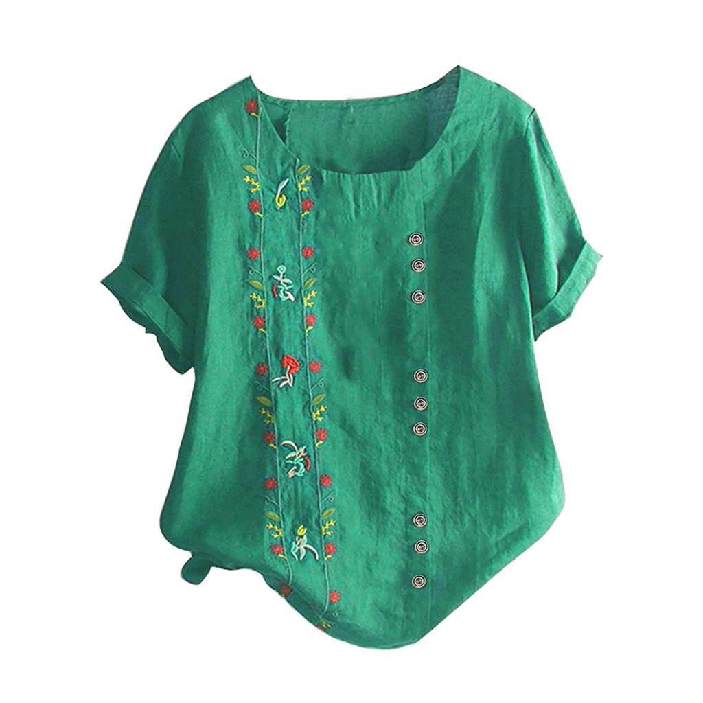 Women Bohemian Summer Floral Embroidered Shirt Short Sleeves Top Blouse